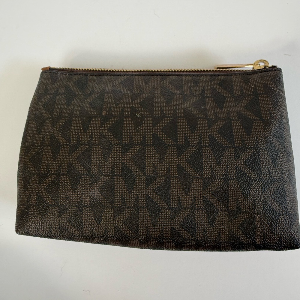 Michael Kors Brown MK Logo Zip Pouch with Gold Tone Emblem - Picture 2 of 2